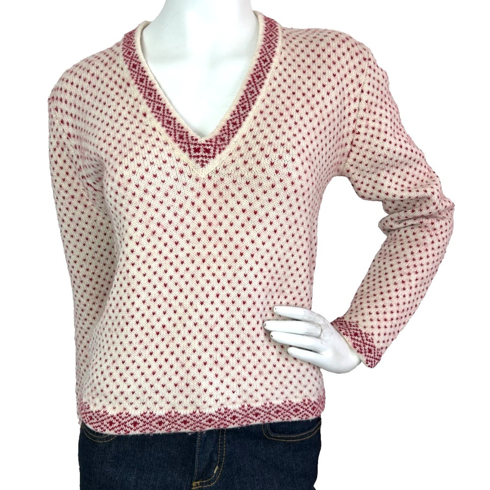 Vintage J Crew Birds Eye 100 Wool Sweater Small V Neck Preppy Ski Nordic Ski EUC